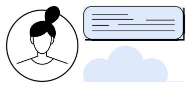 Metin kutusu ve bulut simgesinin yanında daire içine alınmış minimalist kadın profili. İletişim, mesajlaşma, kullanıcı profilleri, geri bildirim, bulut depolama, takım çalışması ve tartışmalar için ideal. Basit düz