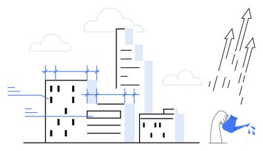 İnşaat halindeki gökdelenler, iskeleler, konserve kutularıyla el sulama, yukarı doğru giden oklar. Ticari büyüme, yenilik, kalkınma, kentsel planlama, yatırım, ilerleme, başarı için ideal