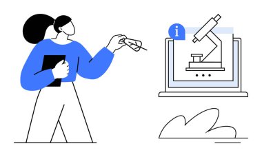 Tablet ve gözlük tutan kadın, mikroskop resimlerini bilgisayar ekranında inceliyor. Eğitim, araştırma, dijital öğrenme, teknoloji, sağlık, laboratuvar işleri, bilimsel yenilik için idealdir. Basit.