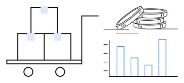 Yığınla bozuk para ve bar grafiğiyle birlikte kutuları olan araba ticaret, ekonomi, lojistik ve iş analizini simgeliyor. Finans, tedarik zinciri, büyüme stratejisi, pazar eğilimleri ve yatırım için ideal