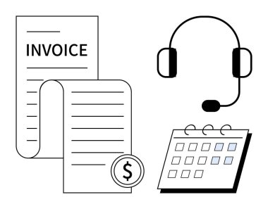 Döviz simgesini içeren fatura belgesi, planlanan tarihleri vurgulayan takvim, müşteri hizmetlerini sembolize eden kulaklık. Muhasebe, fatura, program organizasyonu, müşteri desteği ve finans için ideal