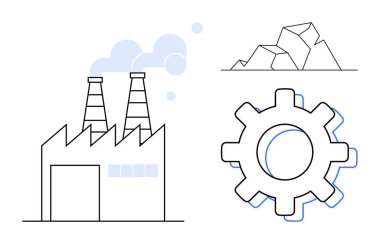 Duman çıkaran iki bacası, büyük dişli dişlisi ve imalat, madencilik ve mühendislik süreçlerini sembolize eden mineral kayaları olan bir fabrika. Endüstri, üretim, makine ve madencilik için ideal