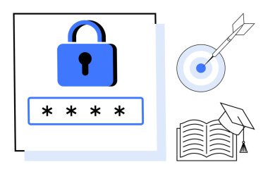 Şifreli kilit dijital güvenliği vurgular, hedef hedefleri temsil eder, şapkalı açık kitap eğitimi simgeler. Güvenlik, öğrenme, hedefler, strateji, koruma, başarı için ideal