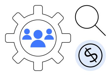 Üç mavi insan ikonu, büyüteç ve dolar ikonu olan vites. Takım çalışması, yönetim, verimlilik, verimlilik, finansal planlama optimizasyonu için ideal. Basit düz metafor