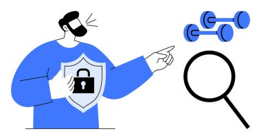 Adam kalkanı kilitle tutuyor, dambıllara ve büyüteçlere bakıyor, güvenliği, zindeliği ve keşfi vurguluyor. Kişisel büyüme, fitness güvenliği, veri koruması ve odaklanma için ideal