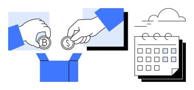 Para bozduran eller, bir kutuya konan, takvimle eşleştirilen paralar. Finans, tasarruf, bütçe, bağış, tekrarlanan ödemeler için ideal ekonomik strateji kavramı. Asgari