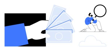 El etrafa saçılmış parayı uzatır, insan büyüteçle bulutu inceler. Finans, yatırım, araştırma, tasarruf, karar verme, analiz, basit düz metafor