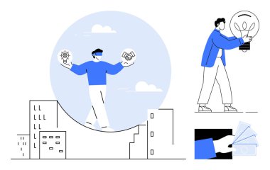 Fikirleri ve takım çalışmasını bir eğri üzerinde dengeleyen, ampul tutan, döviz değişimi kavramı olan bir kişi. Yenilik, ortaklık, büyüme, girişimcilik, karar verme, iş stratejisi için ideal basit