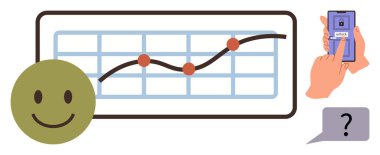 Şebekede noktaları olan yükselen grafik çizgisi, gülümseyen yüz, derecelendirme ölçeği gösteren akıllı telefon ve sorgulama simgesi. Performans izleme, kullanıcı geribildirimi, analitik, büyüme stratejisi, müşteri deneyimi için ideal