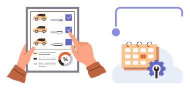Eller tabletteki araba seçim listesiyle etkileşimde, yüzdeleri gösteriyor. Ekran bir takvim ve dişli simgesi içerir. Araba kiralama, bakım, zamanlama, yönetim, dijital planlama için ideal