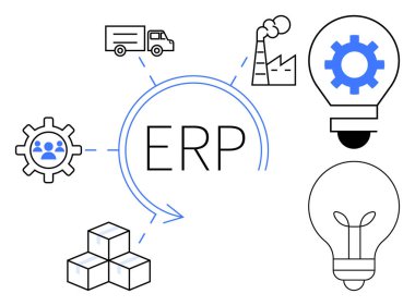 Fabrika, kamyon, takım çalışması, tedarik zinciri, yenilik ve vites fikri için ikonlar içeren ERP konsepti. Ticari planlama, lojistik, süreç optimizasyonu takım çalışması sektörü yönetimi için idealdir. Basit düz