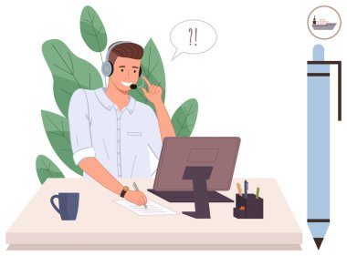 Ofis çalışanı kulaklık takıp masada bilgisayar, kahve fincanı ve kırtasiyeyle konuşuyor. Müşteri desteği, uzaktan çalışma, ofis kurulumu, iletişim, üretkenlik, profesyonel için ideal