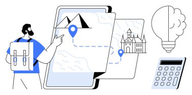 Sırt çantalı bir adam dijital haritada geziniyor. İçinde dağlar, bir kale, fikirler için ampul ve hesap makinesi var. Seyahat, planlama, keşif, yenilik, eğitim turizmi için ideal