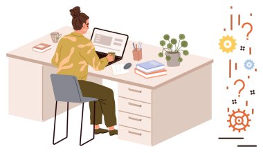 Kadın, kahve fincanı, kitap, saksı bitkisi ve soyut teçhizat görselleriyle ofis masasında dizüstü bilgisayara odaklanmış. Üretkenlik, uzak çalışma, yaratıcılık, öğrenme, zaman yönetimi iş stratejisi için ideal