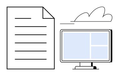 Masaüstü monitörünün yanında bulut senkronizasyonunu öneren kağıt belge dosyası. Organizasyon, teknoloji, işbirliği, belge paylaşımı, iş akışı, ofis yönetimi için ideal