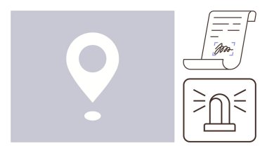 Minimalist tasarım bir lokasyon iğnesi, imzalı belge ve acil durum uyarı ışığı gösteriyor. Bilgilendirme, konum hizmetleri, yasal anlaşmalar, bilgi bilinci, uyarı, otorite için ideal basit