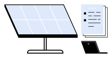 Bir stantta güneş paneli, bir yığın belge ve enerji verimliliğini, veri incelemesini, çevre dostu uygulamaları ve teknolojiyi vurgulayan dizüstü bilgisayar. Sürdürülebilirlik, araştırma ve yeşil teknoloji için ideal