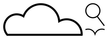 Büyüteç ve soyut kuşla çizilmiş bir bulut. Teknoloji, araştırma, bulut hesaplama, arama çözümleri, veri keşfi, yenilik, dijital dönüşüm için idealdir. Basit düz metafor