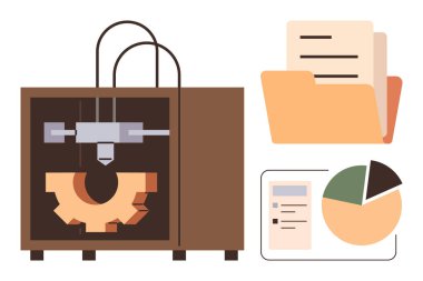 3D yazıcı el işi teçhizatı, dosya klasörünü aç, pasta grafiğiyle birlikte bar tablosu. Teknoloji, yenilik, imalat, veri analizi, ilerleme mühendisliği organizasyonu için idealdir. Basit düz metafor