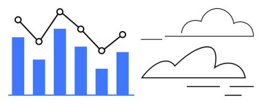 Çizgi çizelgesi olan çubuk grafik veri analizi ve eğilimleri temsil eder. Soyut bulutlar bulut hesaplamasını sembolize eder. Teknoloji, veri, analitik, bulut depolama, iş, istatistik, basit