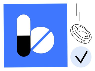 Madeni paralı kapsül ve tablet, sağlık hizmetlerinin karşılanabilirliğini, ilaç kararlarını, erişilebilirliği, reçete yönetimi, bütçe sağlık planlaması ve ilaç maliyetini vurgulayan işaretleme. İdeal