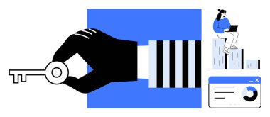 Bar tablosunun yanında el ele tutuşma anahtarı dizüstü bilgisayarda çalışan kadın ve analitik pencere. Başarı, liderlik, büyüme, veri, çözümler ve yenilik için idealdir. Basit düz metafor.