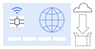 Çipli akıllı kart, kablosuz sinyal, küresel bağlantıyı gösteren küre, bulut simgesi ve kutuya indirme işlemi. Teknoloji, veri transferi, bulut depolama ve küreselleşme için ideal