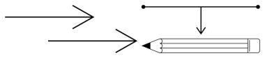 Kalemi işaret eden yatay oklar, bir çizgi ve ok ile örtülü. Yaratıcılık, eğitim, yazma, fikirler, yenilik, akış şeması ve tasarım süreci için idealdir. Basit düz metafor