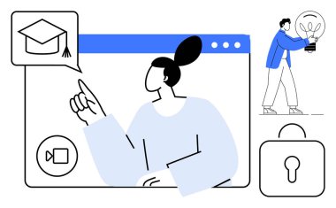 Akademik başlık simgesi, asma kilit ve parlak fikir görüntüleriyle çevrimiçi öğrenme arayüzü kuran kişi. E-öğrenim, yenilik, uzak çalışma, eğitim, yaratıcılık, güvenlik dijital