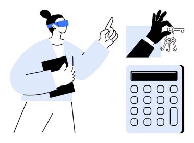 Belgeleri tutan, yukarıyı gösteren, el ele tutuşan, hesap makinesi olan bir kadın. İş, finans, karar verme, gayrimenkul planlama stratejisi liderliği için ideal. Temiz, düz metafor