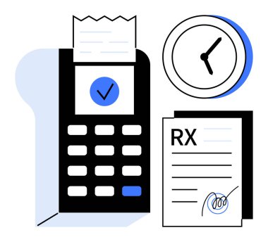 Fatura, saat ve imzalı reçete ile ödeme terminali. Sağlık, eczane, programlama, zaman yönetimi, ödeme sistemleri verimliliği için ideal. Basit düz metafor