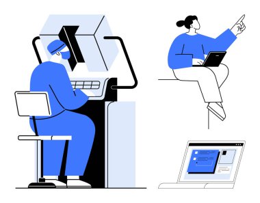 İşçi işletim makinesi konsolu, uzaktan çalışan dizüstü bilgisayar, yazılım arayüzü. Otomasyon için ideal, takım çalışması, uzaktan çalışma, teknoloji, işbirliği iletişim verimliliği. Basit düz