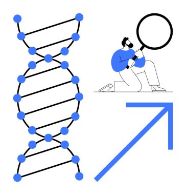 DNA çift sarmal, büyüteçle analiz eden insan ve yukarı doğru ok. Bilim, genetik, araştırma, analiz, keşif, yenilik büyüme temaları için ideal basit düz metafor