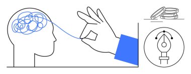 İnsan beyninden, kalem aleti ikonundan ve birikmiş bozuk paralardan el ayıklama halatı. Yaratıcılık için ideal, eleştirel düşünme, problem çözme, yenilik, zihinsel berraklık, üretkenlik basit düz düzlük