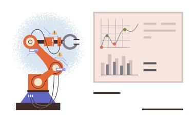 Grafikleri ve grafikleri gösteren bir ekrana bağlı robot kol, veri odaklı otomasyonu simgeliyor. Yapay zeka, robot bilimi, endüstri 4.0, dijital dönüşüm, analitik ve makine öğrenimi için ideal