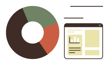 Grafikleri, sayısal verileri ve metni gösteren bir tarayıcı penceresinin yanında bölünmüş bölümlerin yer aldığı bir pasta grafiği. İş analizi, raporlama, pazar analizi, istatistik, planlama, strateji için idealdir.
