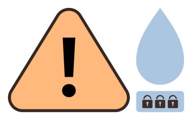 Cesur ünlem ile uyarı üçgeni, korunma, güvenlik veya korumayı sembolize eden kilit simgeli bir su damlasının yanında riski vurgular. Güvenlik, alarm, güvenlik, koruma için ideal