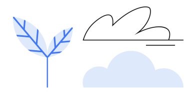 Mavi yaprak ve çizgili bulutlar büyüme, eko-bilinç ve sükunet fikirlerini çağrıştırıyor. Doğa, sürdürülebilirlik, farkındalık, ekoloji, çevre, yenilik ve yaratıcılık kavramları için ideal