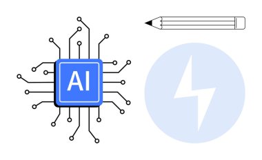 Devre çizgileri olan yapay zeka çipi, yaratıcılığı simgeleyen kalem ve gücü ve yeniliği tasvir eden şimşek. Yapay zeka, teknoloji, bilgi, yaratıcılık, eğitim yenilik araştırmaları için idealdir. Basit.