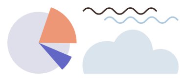Üç parçalı turta grafiği, bulut şekli, siyah ve mavi dalgalı çizgiler. Bilgi, veri içgörüsü, analitik, çevre temaları, asgari tasarım, kavramsal sanat ve basit düz metafor için ideal