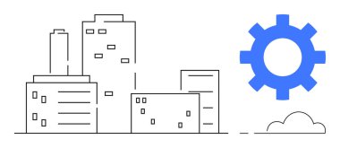 Yüksek binalı, mavi dişli ve bulutlu şehir manzarası. Teknoloji, yenilik, altyapı, endüstri bağlantısı, süreç yönetimi, akıllı şehirler için ideal basit düz metafor