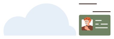 İnternet depolama, güvenlik ve erişimi sembolize eden bir bulutun yanında kullanıcı fotoğrafı ve bilgi içeren dijital kimlik kartı. Teknoloji, siber güvenlik, kimlik yönetimi, bulut hesaplama ve veri paylaşımı için ideal