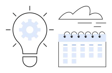 İçinde teçhizat bulunan ampul ve bulutun altındaki spiral kaplı takvim yaratıcılık, planlama ve fikir taşır. Yenilik, üretkenlik, beyin fırtınası, zamanlama ve proje yönetimi için ideal