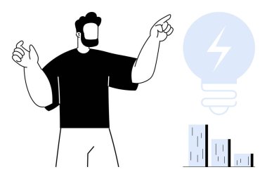 Yaratıcılığı, yeniliği, ilerlemeyi, takım çalışmasını, stratejiyi, başarıyı ve iş planlamasını temsil eden, ampul ve büyüme grafiğine doğru hareket eden bir adam. Büyüme stratejisi için ideal basit düz görseller