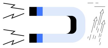 At nalı mıknatısı elektrik kıvılcımları yayıyor ve yukarı doğru çizgiler çiziyor. Manyetik kuvvet, enerji ve çekim gücünü temsil ediyor. Bilim, fizik, iş, nüfuz, yaratıcılık liderliği için ideal