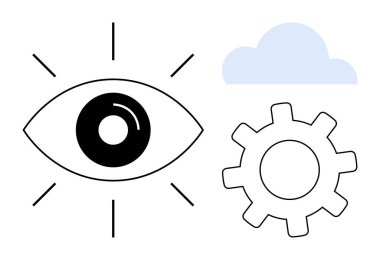 Işıldayan çizgileri olan göz, süreci sembolize eden vites, bağlantı ve fikirler için bulut. Yaratıcılık, yenilik, teknoloji, vizyon, süreç geliştirme, büyüme için ideal düz metafor