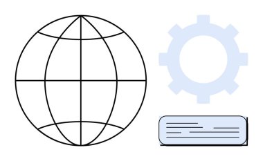 Tel çerçeve küresi, vites simgesi ve metin kutusu küresel ağ, teknoloji ve veri entegrasyonunu temsil etmek için birleşiyor. Teknoloji, iletişim, sistemler, işbirliği için ideal küresel iş