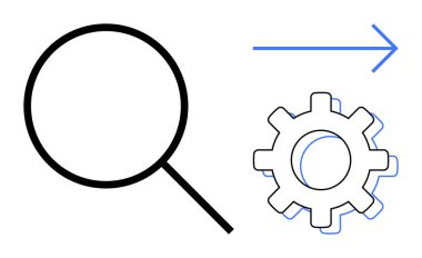 Büyüteç, vites simgesi ve mavi ok keşfi, optimizasyonu ve ileri hareketi simgeliyor. İş akışı, yenilik, otomasyon analiz teknolojisi gelişimi için idealdir. Basit.
