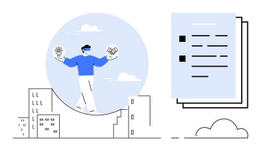 Soyut şehir manzarası ve belgeler üzerinde ampul ve el sıkışma hokkabazlığı yapan kişi. Yaratıcılık, işbirliği, yenilik, iş stratejisi, karar verme mekanizması, kentsel kalkınma için ideal