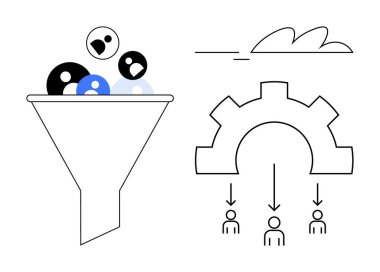 Değişik girdileri filtreleyen huni, takım çıktılarına süreci yönlendiren vites otomasyonu. Verimlilik, veri yönetimi, iş akışı, dönüşüm, işletim, otomasyon stratejisi için ideal